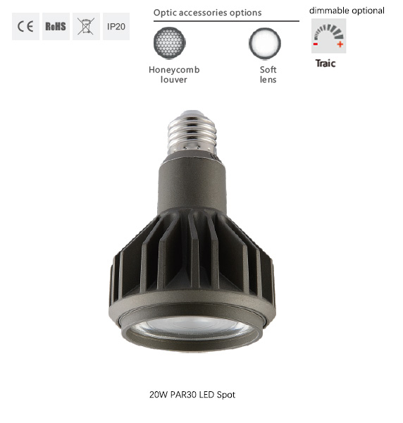 20W PAR30 E27 LED Spotlight Dimmable for Hotel Restaurant Lighting